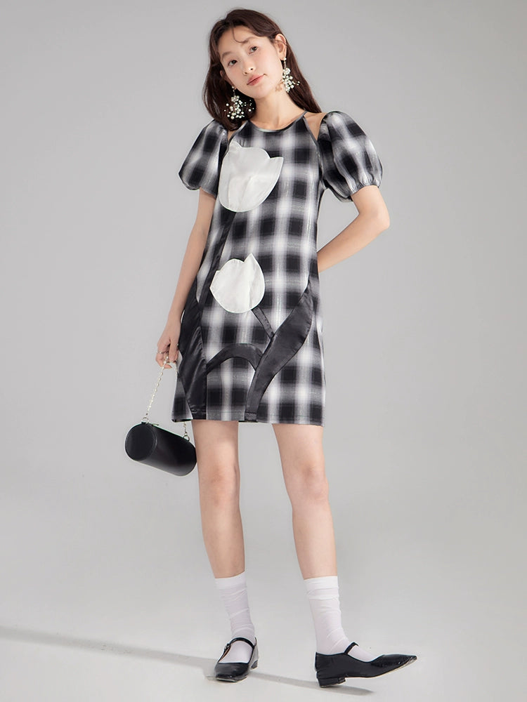 You'er UARE Tulip Patchwork Checkered Dress