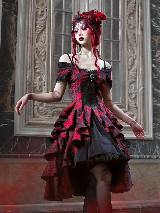Red & Black Gothic One Shoulder Dress