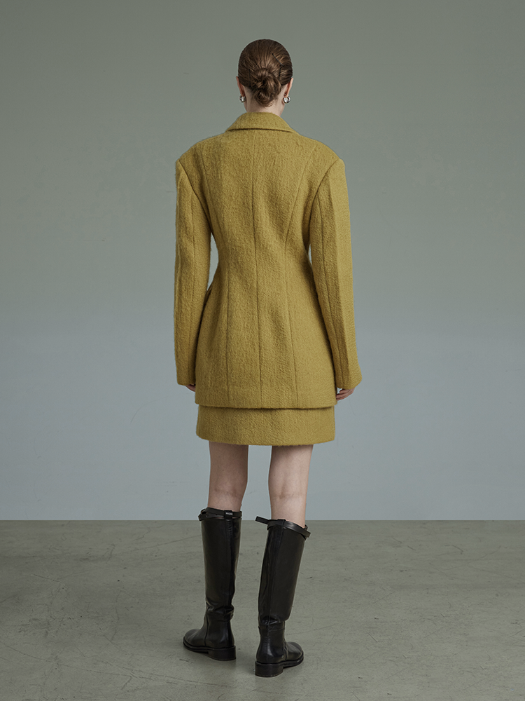 Mostaza amarillo con juego de lana 2022 Invierno Vintage Premium Shoulfa de hombro Slim Traje de ajuste