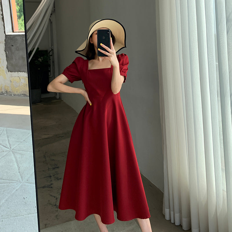 Red Square Neck Retro Dress