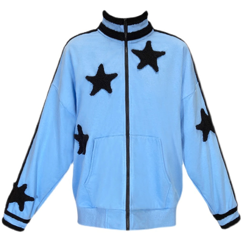 Blue Contrast Sweater Coat with Five Point Star Decoration
