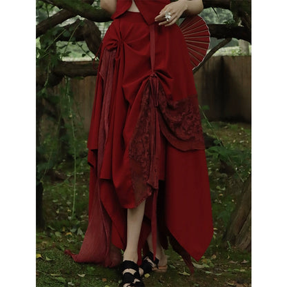 Red Lace Spliced Silk Half Skirt