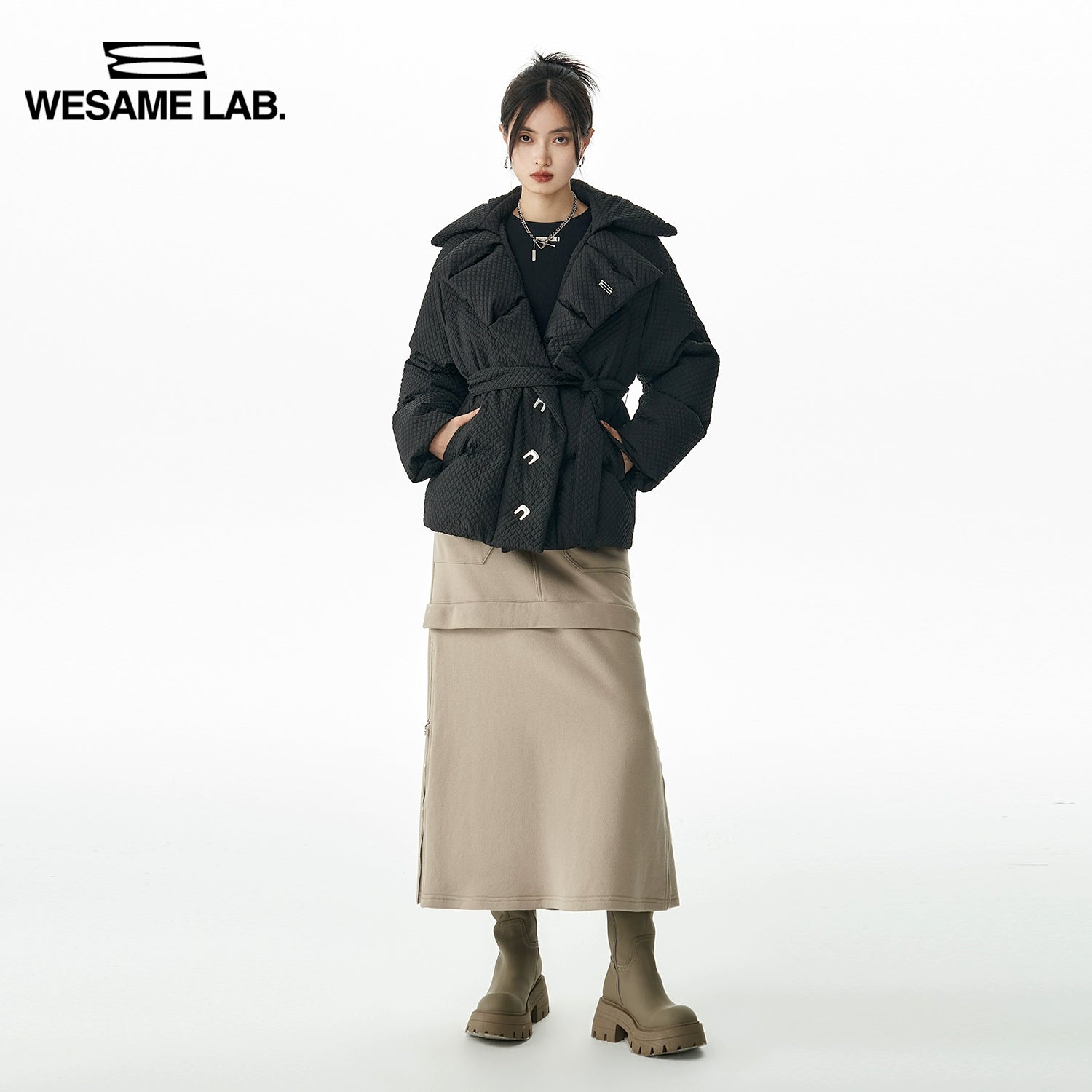 Unique Texture Fashion Lace Up Waist Rollover Collar Down Coat