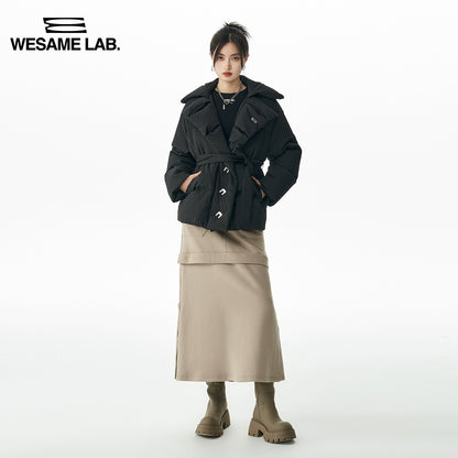 Unique Texture Fashion Lace Up Waist Rollover Collar Down Coat