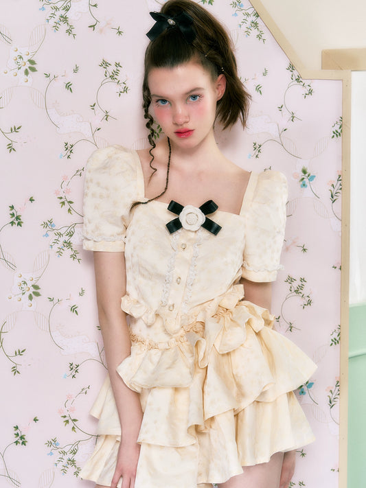 Cream Jacquard High-Waist Swan Dress