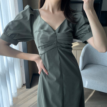 Green Summer Bubble Sleeve Dress