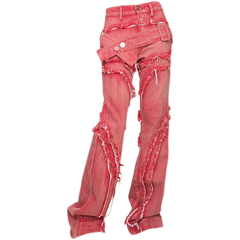 red patchwork raw edge jeans