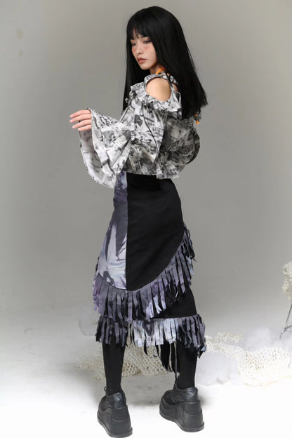 Tassel Edge Lace-Up Panel Denim Long Dress - Original Design