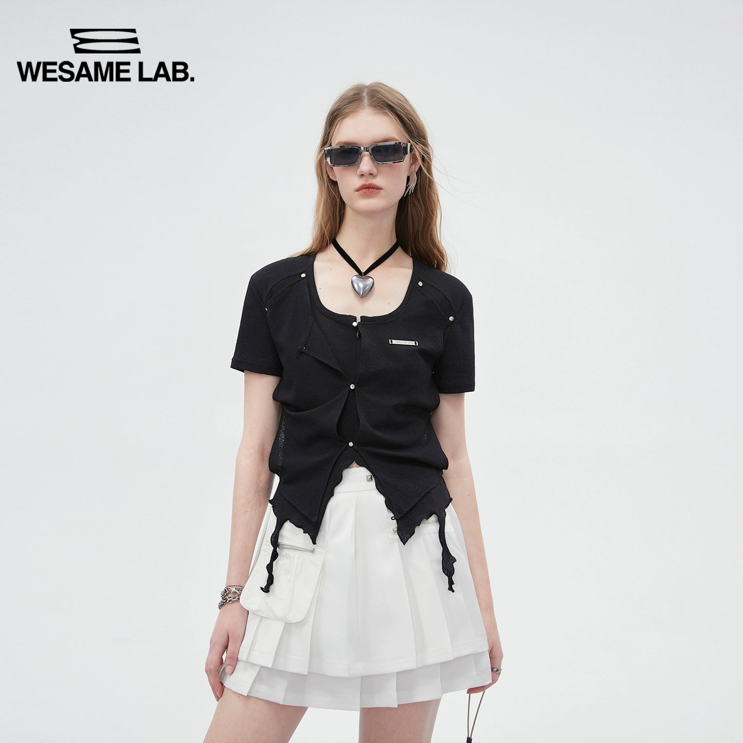 Tulle Fake Two Piece Button Short Square Neck Top