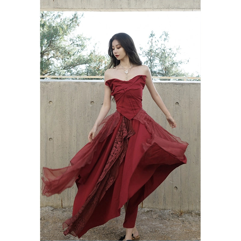 Red Silk Butterfly Skirt Set: Spring/Summer