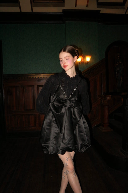 Black Satin Gemstone Beaded Dress with Blossom Detail