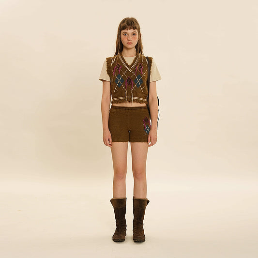 Gilet in maglia a rombi con scollo a V e nappe