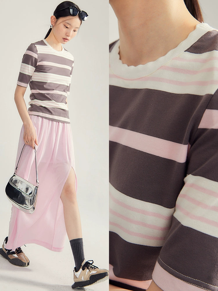Chill, retro pink brown striped petal threaded collar, long sleeved, short sleeved T-shirt