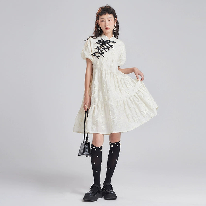 Original Design by You'er UARE: Milk Sweet Summer New Chinese Style Small Bow Doll Dress with Bubble Sleeves Dress