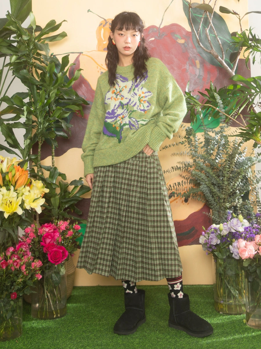 Sakura Jacquard Yellow Green Wool Sweater