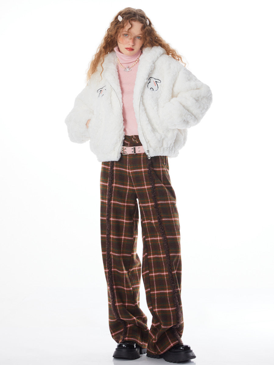 Brown Tassel Plaid Wool Pants - Autumn/Winter Style