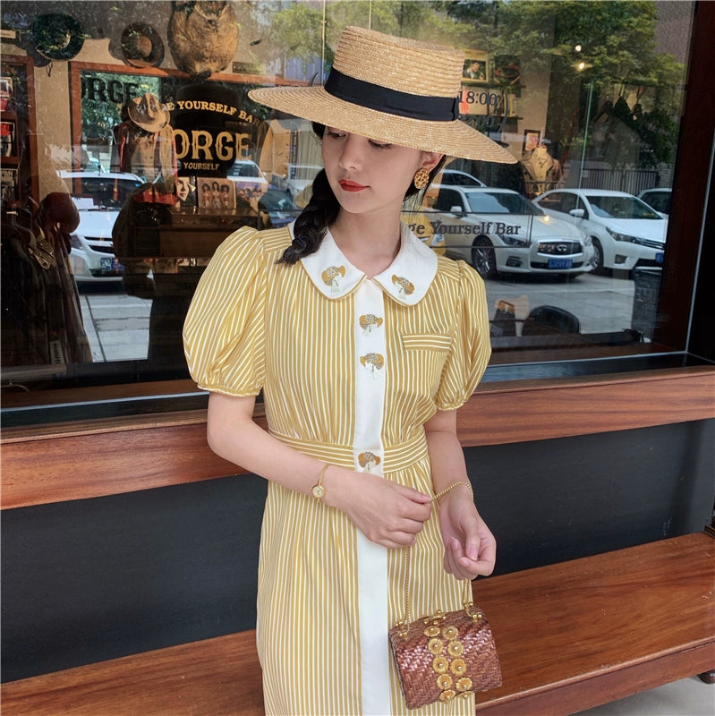 Yellow French Stripe Embroidery Shirt Dress