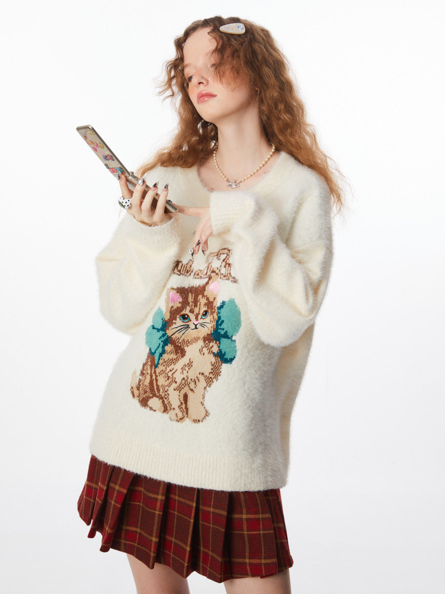 White Cat Embroidery Mink Hair Sweater - Design Sense