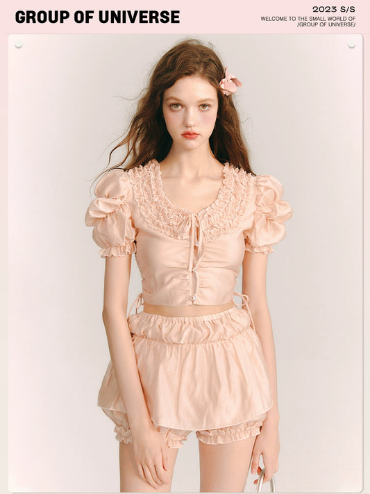 Coral Blossom - Lace Pleated Pink Bubble Sleeve Set