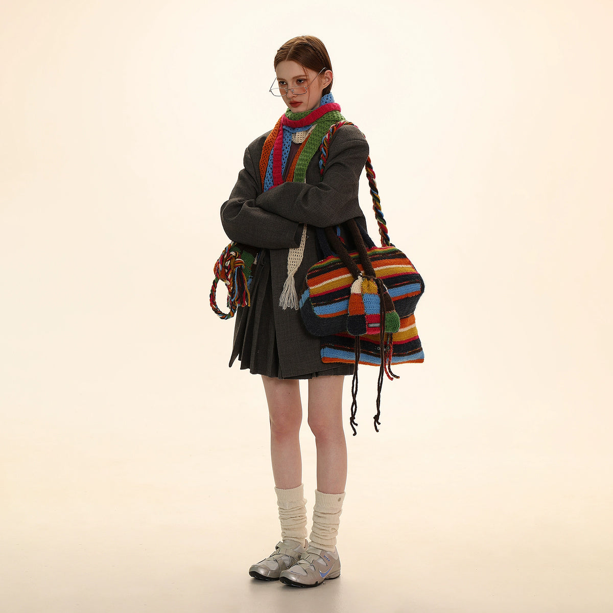 Rainbow Checkerboard Knitted Bag