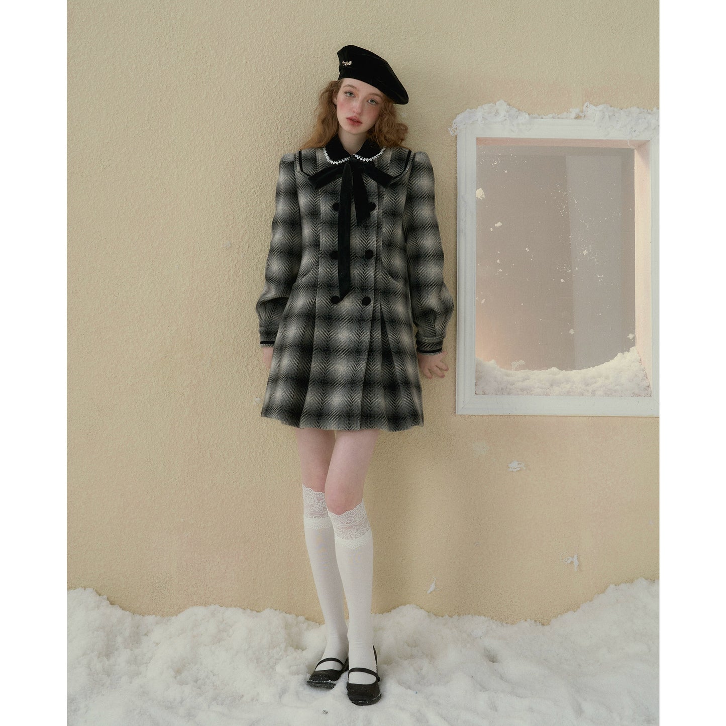 Plaid Tie Woolen Mid Coat