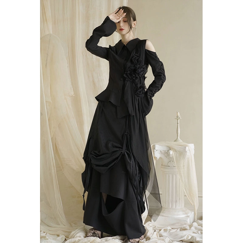 Autumn/Winter Black Silk Flower Coat