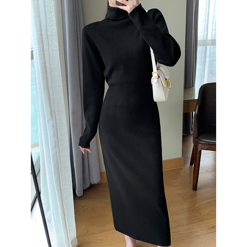 Black Knit Dress High Neck Coat