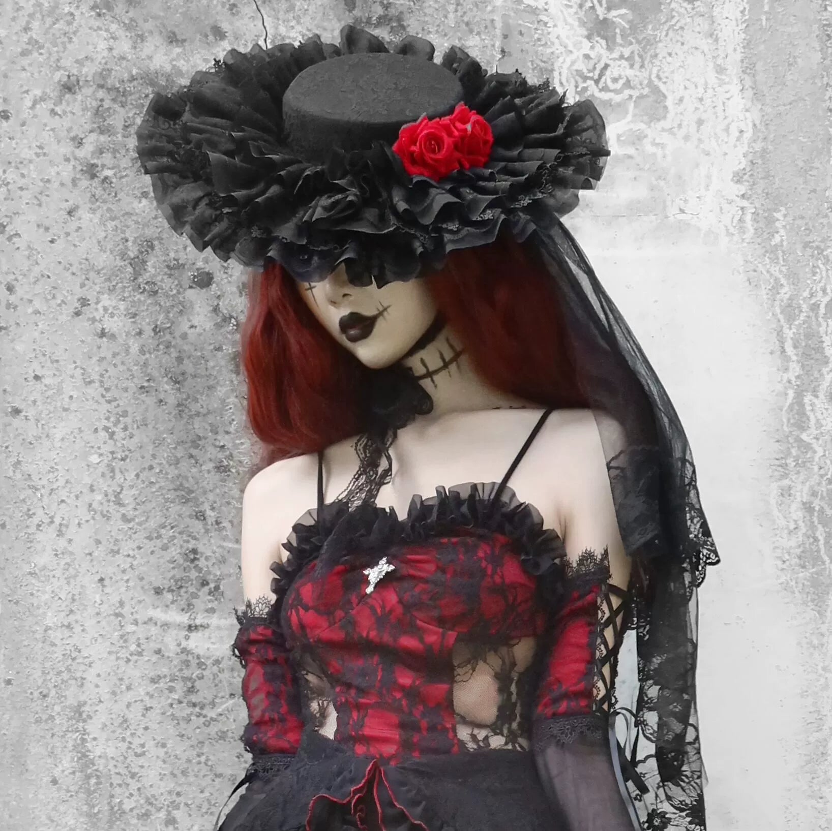 Vampire Lace Red-Black Gothic Flat Hat