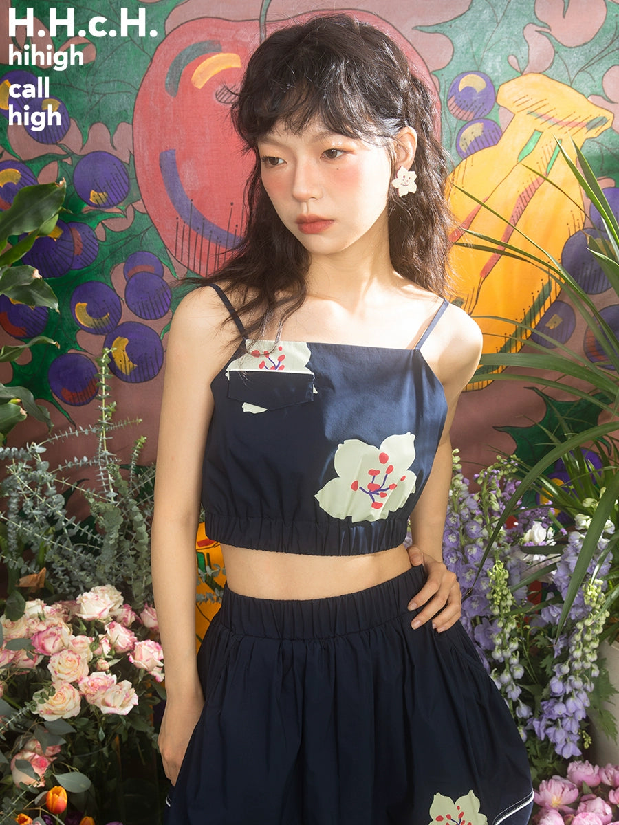 Sakura Print Navy Suspender Tank Top