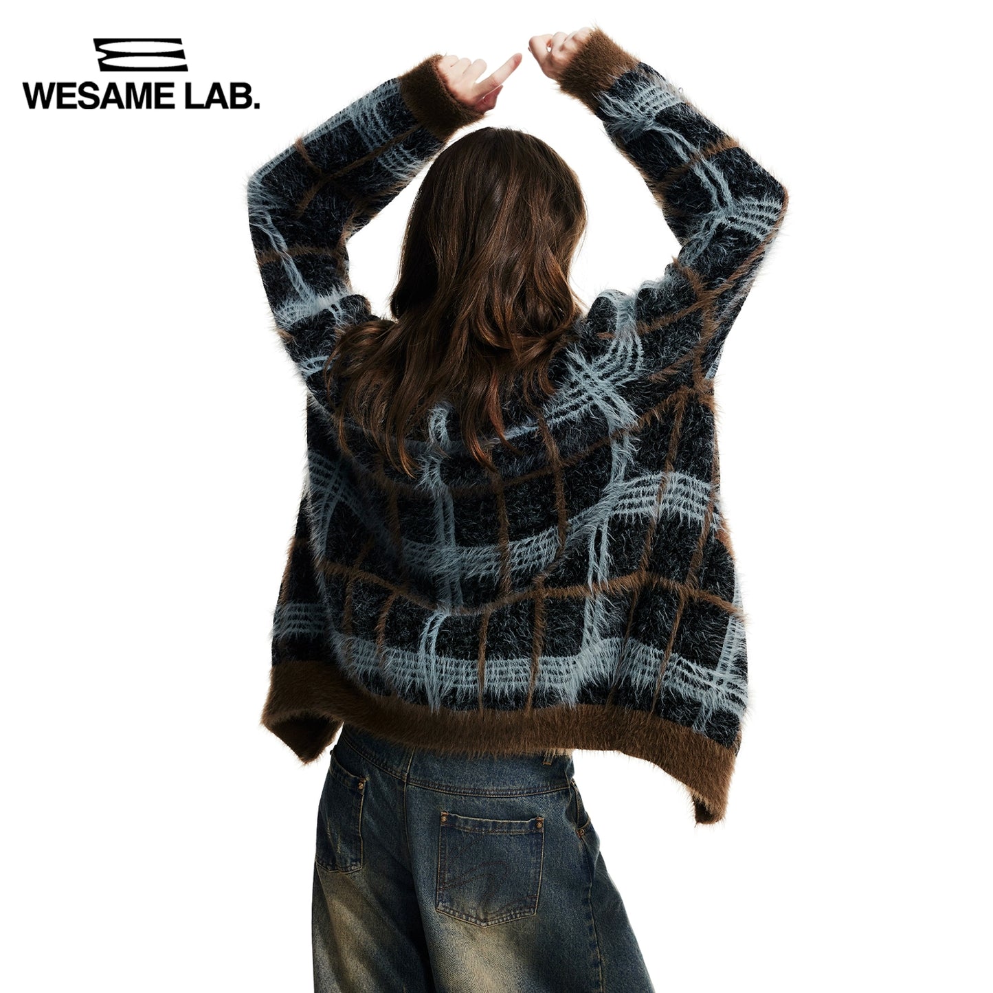 Blue Imitation Sable Plush Plaid Knitted Cardigan