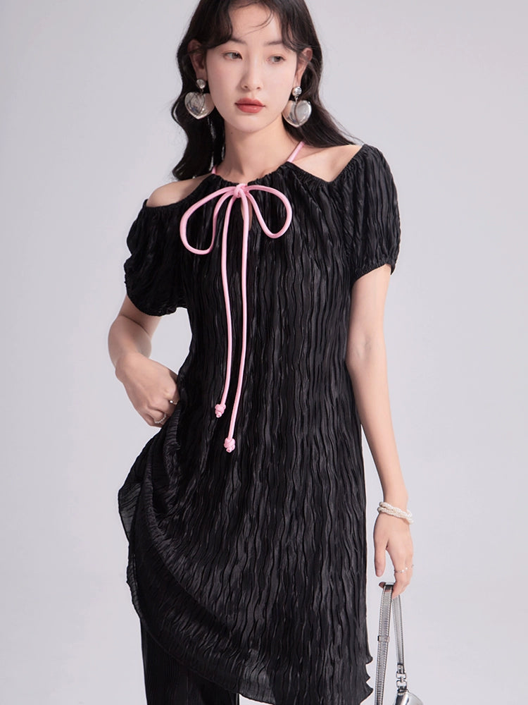 Original Design Pink Cool Black Lace up Bow Tie Silky Pressed Pleated Off Shoulder Short Sleeve Dress