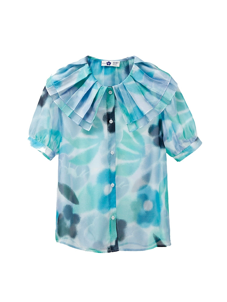 Original Design Sea Salt Bubble Water Translucent Print Double Layer Doll Neck Short Sleeve Shirt for Women