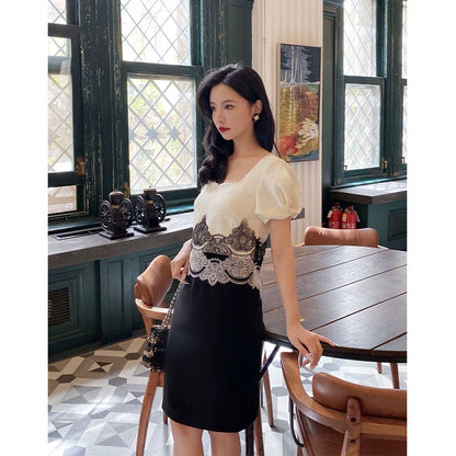 Milk Coffee Lace Patch Mid-Length Dress