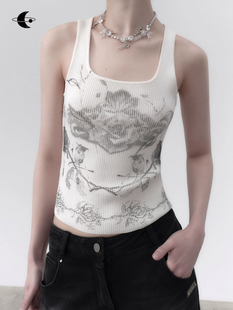 Vintage Rose Print Elastic Knitted Tank Top