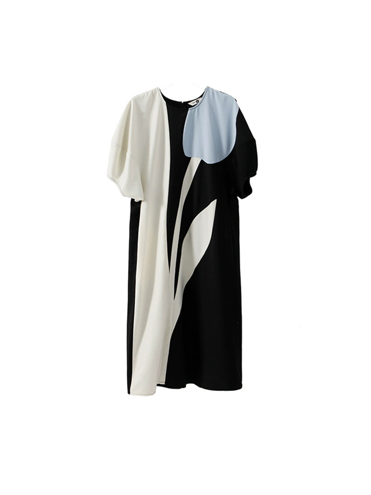 Original Design Stunning Layered Blue White Black Tulip Contrast Panel Short Sleeve Dress