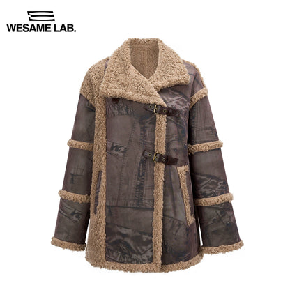 Loose Fit Coffee Printed Leather and Fur Integrated Coat