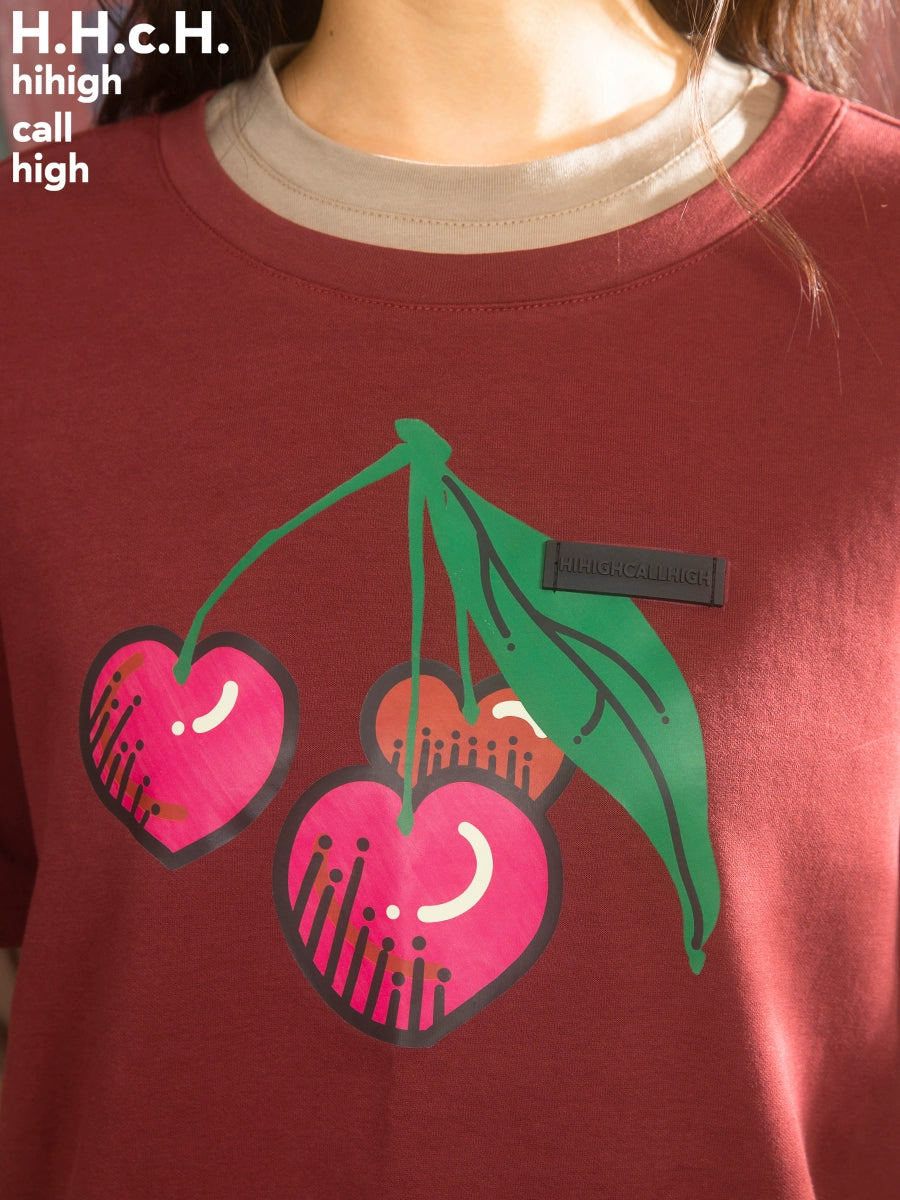 Camiseta de manga larga con panel de contraste de estampado de cereza