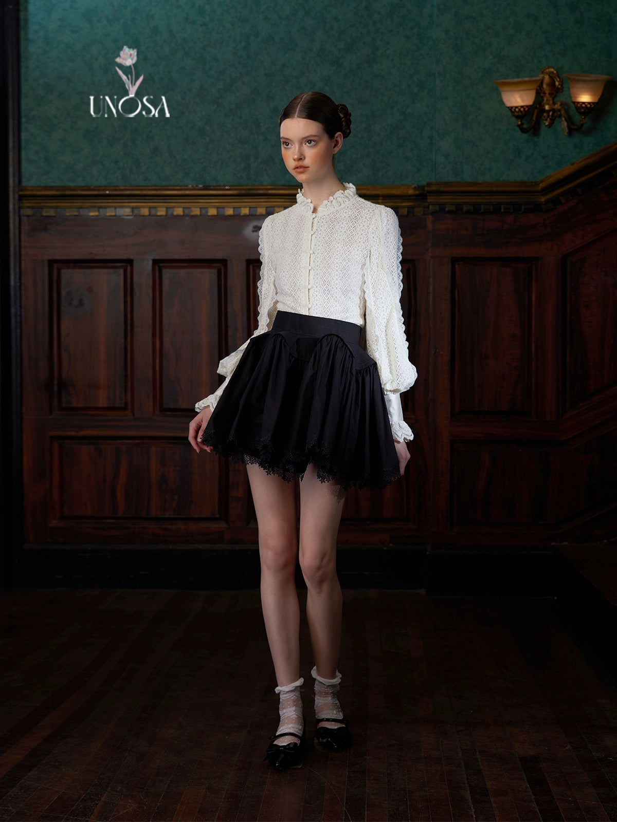 Elegant Black and White Brushed Velvet Lace Court Shirt