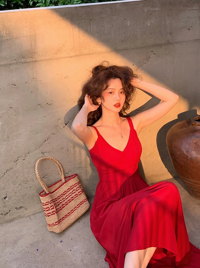 Red Pleated V-Neck Dress