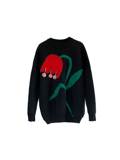Original Design Red Flower with Green Leaf Thickened Heavy Industry Pomegranate Flower 3D Wool Ball Round Neck Sweater