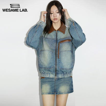 Vintage Wash Loose Denim Panel Coat