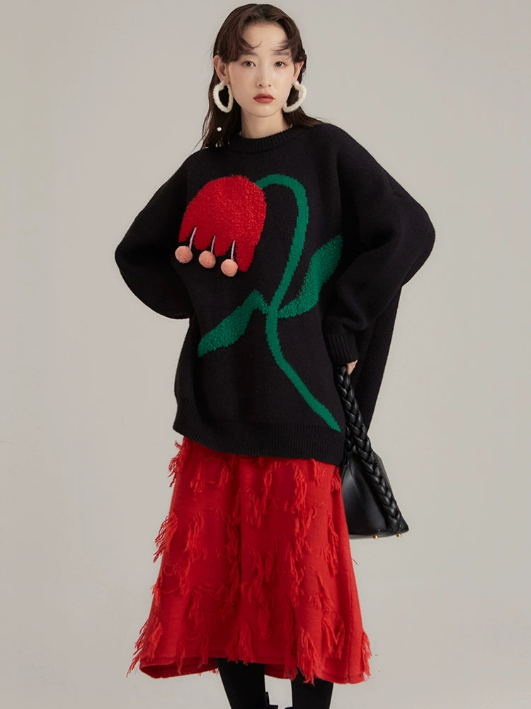 Original Design Red Flower with Green Leaf Thickened Heavy Industry Pomegranate Flower 3D Wool Ball Round Neck Sweater