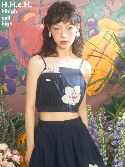 Sakura Print Navy Suspender Tank Top