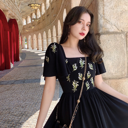 Black French Embroidered Square Neck Dress