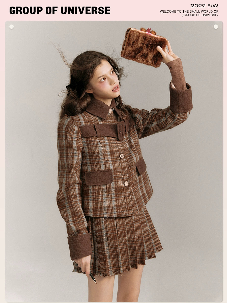 Plaid Teatime - Warm Brown Woolen Belted Coat