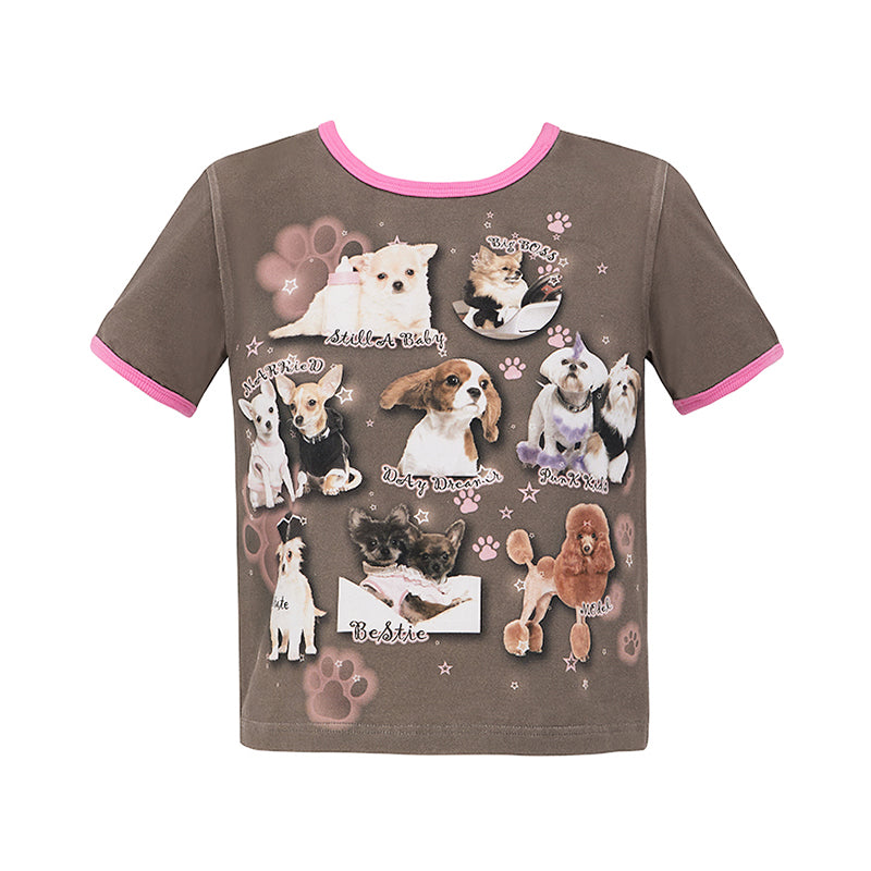 Dog Print Contrast Short Sleeve T-shirt