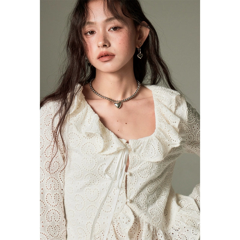 Off White French - Romantic Hollow Lace Shirt