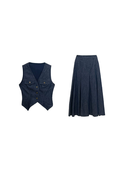 Denim Elegance: Vest & Skirt Two-Piece Set