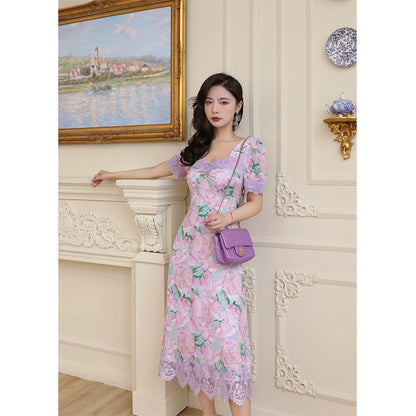 Peach Blossom Silk Crepe Lace Dress