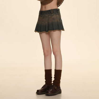 Wasteland Style Denim Pleated Skirt